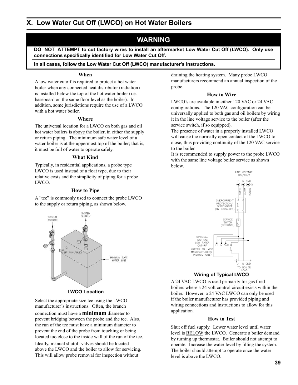 X. low water cut off (lwco) on hot water boilers, Warning | Burnham 81433101R16-1/10 User Manual | Page 39 / 40