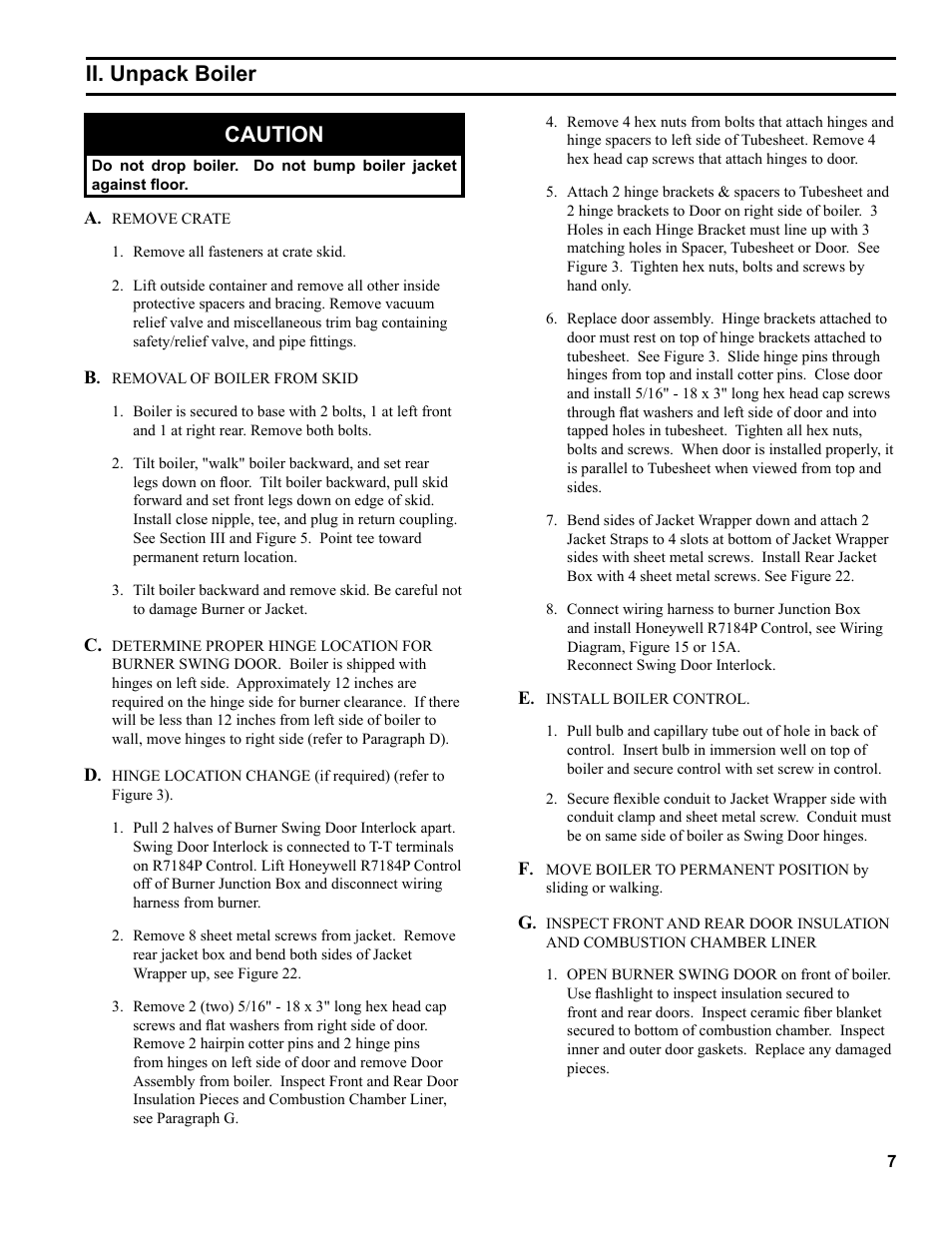 Ii. unpack boiler caution | Burnham 81433101R16-1/10 User Manual | Page 7 / 40