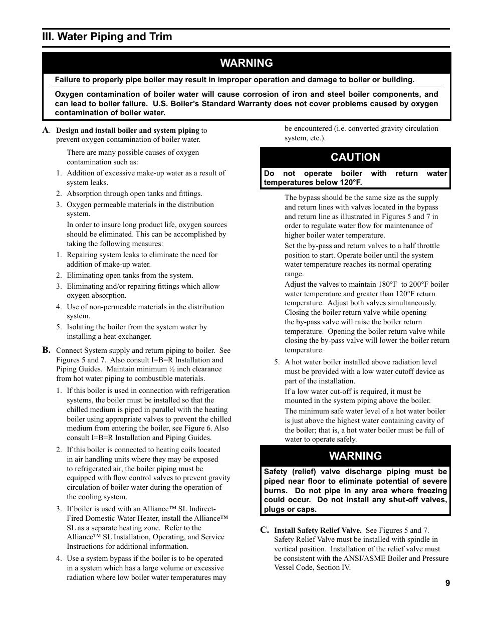 Iii. water piping and trim, Caution, Warning | Burnham 81433101R16-1/10 User Manual | Page 9 / 40