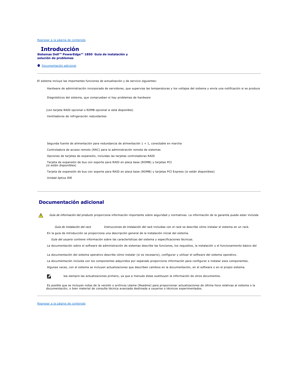 Introducción, Documentación adicional | Dell PowerEdge 1850 User Manual | Page 19 / 81