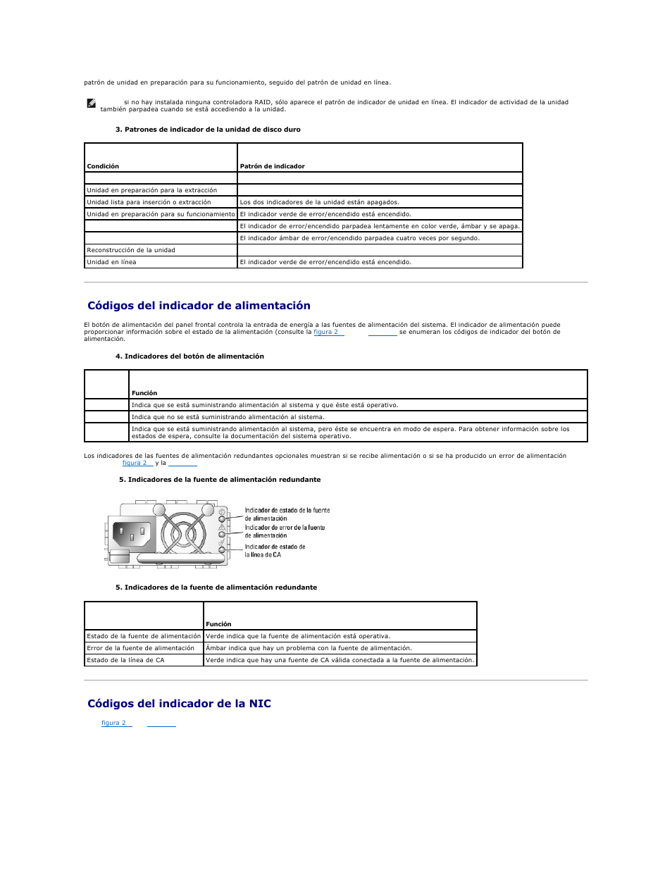Códigos del indicador de alimentación, Códigos del indicador de la nic, Tabla 2-3 | Dell PowerEdge 1850 User Manual | Page 23 / 81