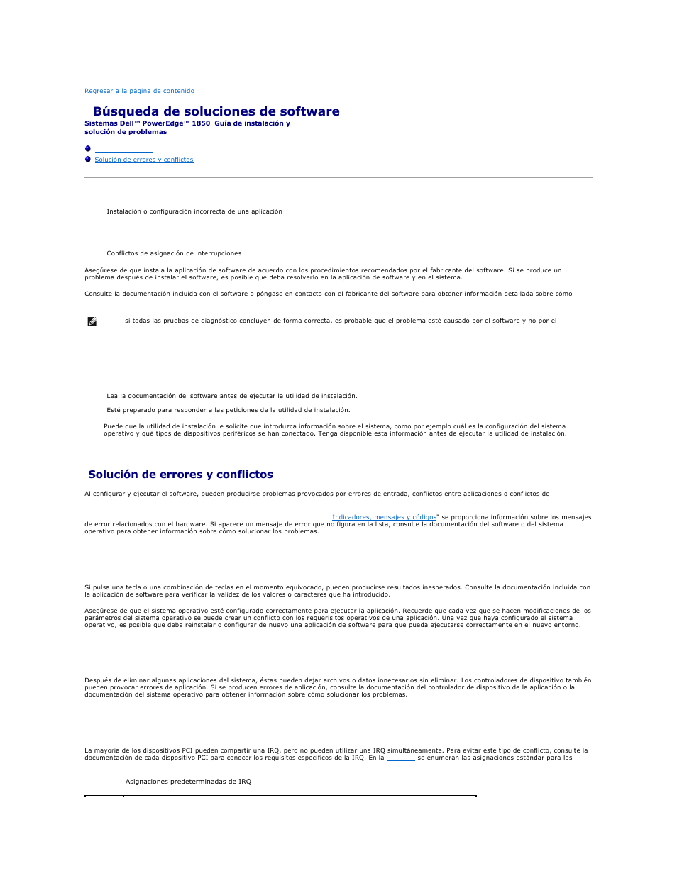 Búsqueda de soluciones de software, Antes de empezar, Solución de errores y conflictos | Errores de entrada, Conflictos entre aplicaciones, Conflictos de asignaciones de irq | Dell PowerEdge 1850 User Manual | Page 29 / 81