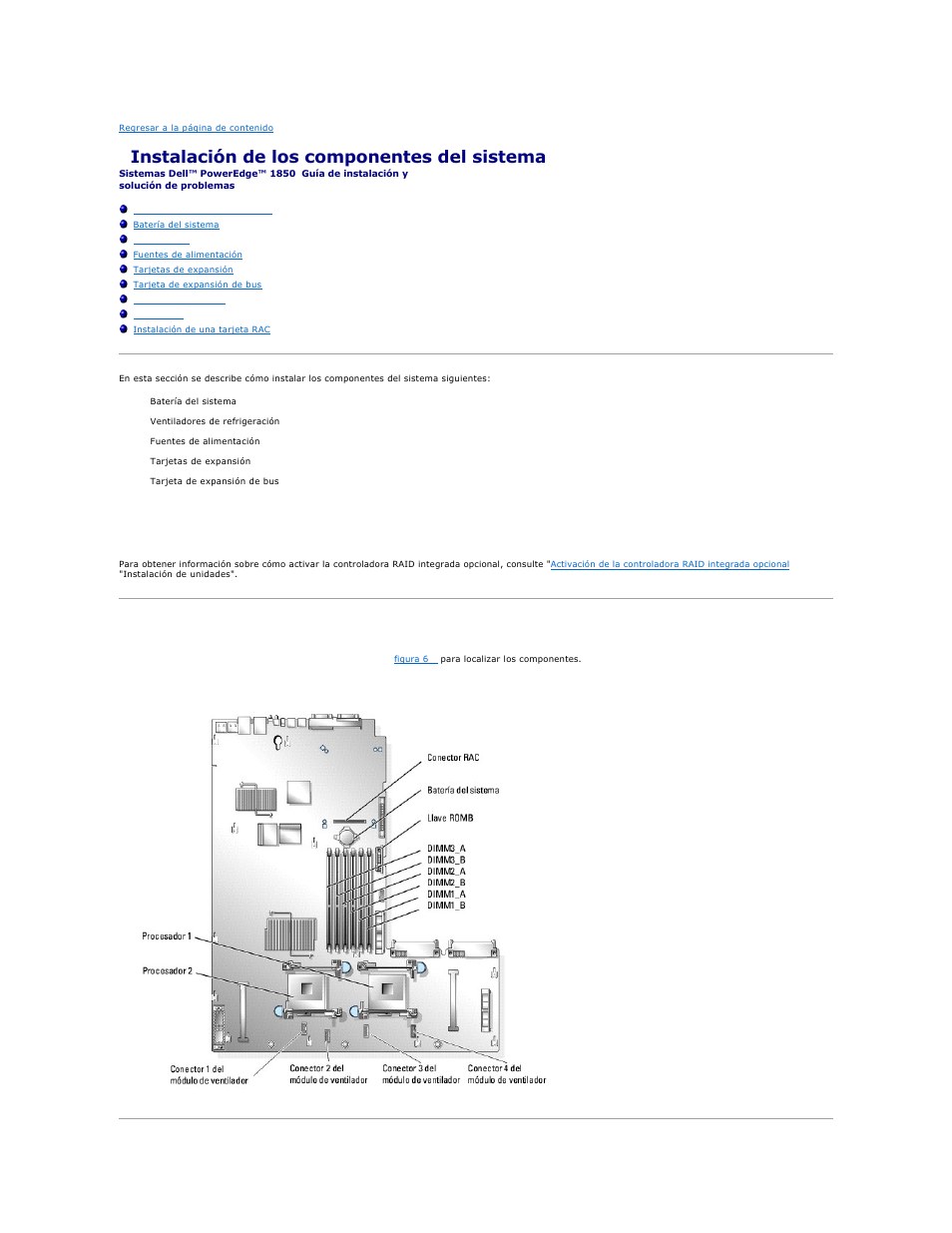 Instalación de los componentes del sistema, Componentes de la placa base | Dell PowerEdge 1850 User Manual | Page 51 / 81