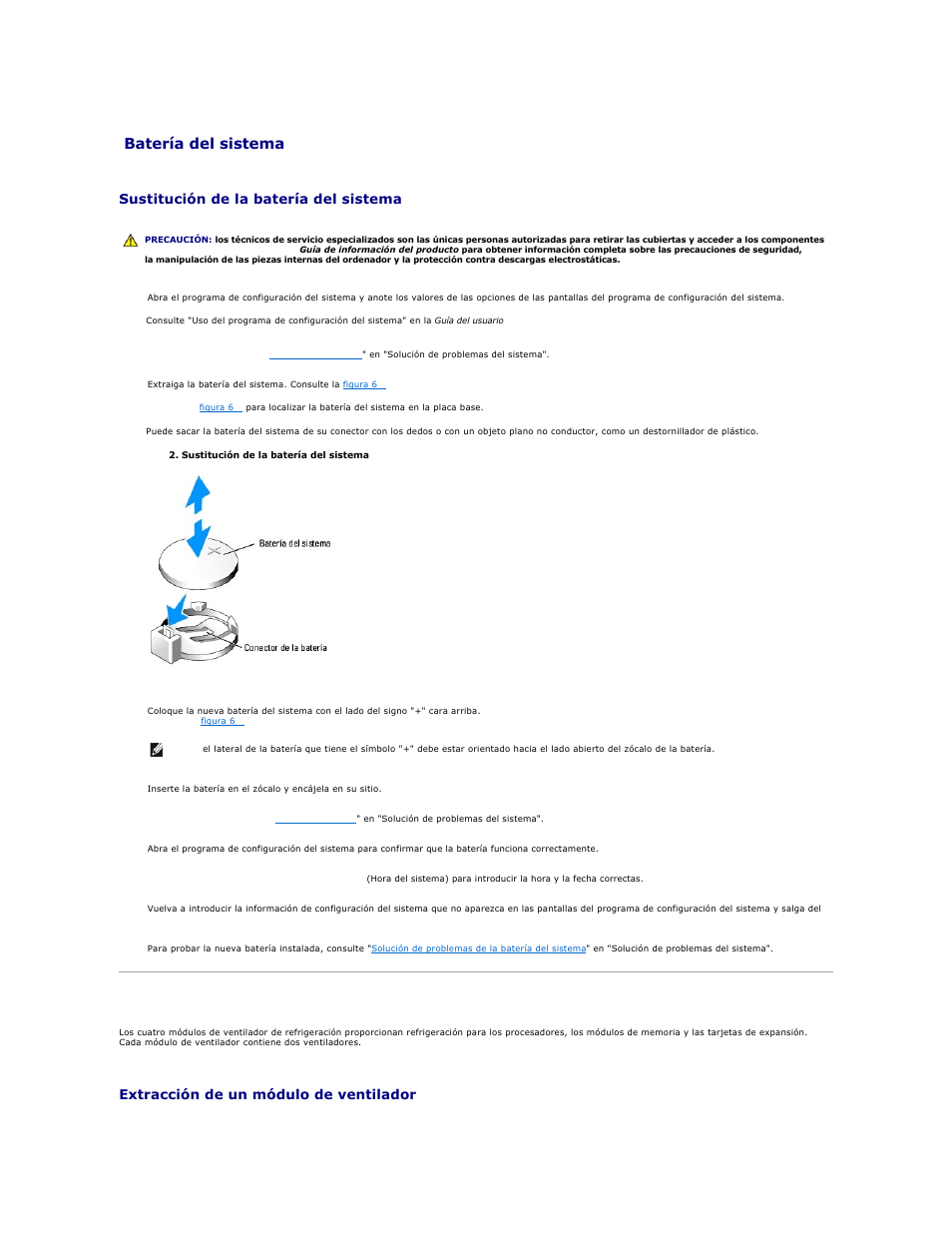 Batería del sistema, Ventiladores, Sustitución de la batería del sistema | Extracción de un módulo de ventilador | Dell PowerEdge 1850 User Manual | Page 52 / 81