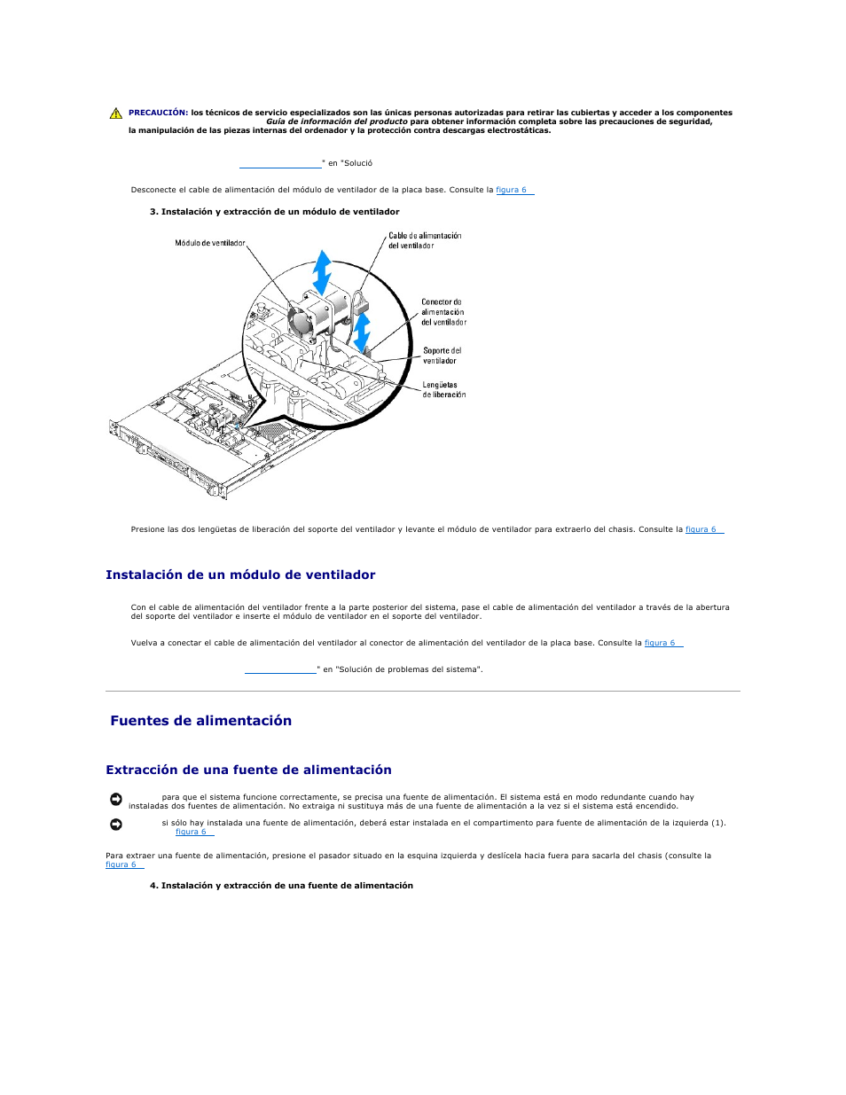 Fuentes de alimentación, Instalación de un módulo de ventilador, Extracción de una fuente de alimentación | Dell PowerEdge 1850 User Manual | Page 53 / 81