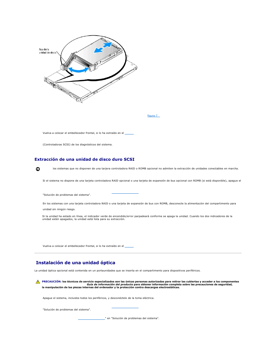 Instalación de una unidad óptica, Extracción de una unidad de disco duro scsi | Dell PowerEdge 1850 User Manual | Page 64 / 81