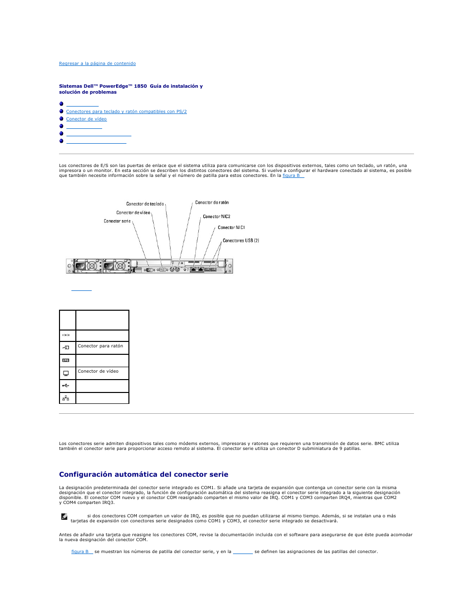 Conectores de e/s, Conector serie, Configuración automática del conector serie | Dell PowerEdge 1850 User Manual | Page 7 / 81