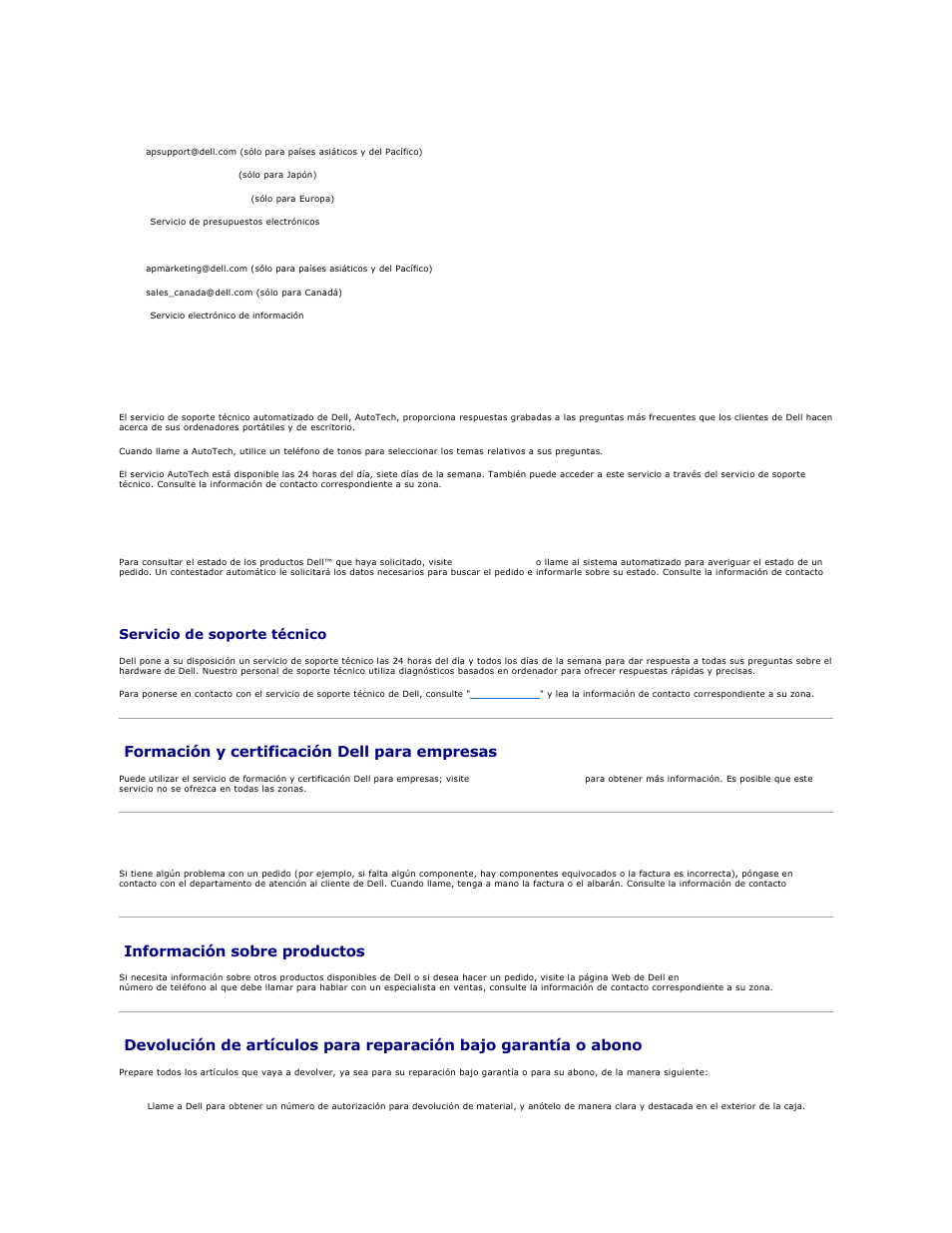 Formación y certificación dell para empresas, Problemas con el pedido, Información sobre productos | Servicio de soporte técnico, Servicio autotech, Servicio automatizado de estado de pedidos | Dell PowerEdge 1850 User Manual | Page 71 / 81
