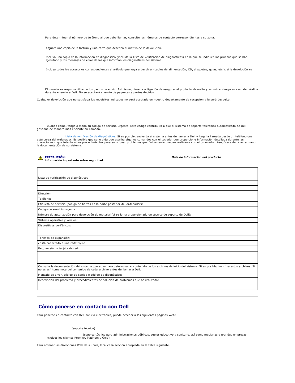 Antes de llamar, Cómo ponerse en contacto con dell, Haga una copia de la | Lista de verificación de diagnósticos | Dell PowerEdge 1850 User Manual | Page 72 / 81