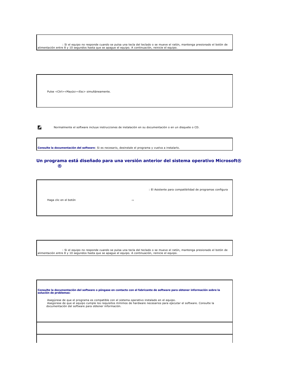 Un programa no responde, Un programa se bloquea repetidamente, Aparece una pantalla azul | Otros problemas de software | Dell Precision M20 User Manual | Page 102 / 123