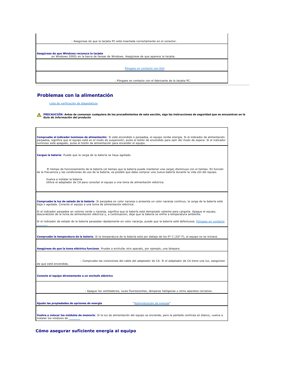 Problemas con la alimentación, Cómo asegurar suficiente energía al equipo | Dell Precision M20 User Manual | Page 104 / 123