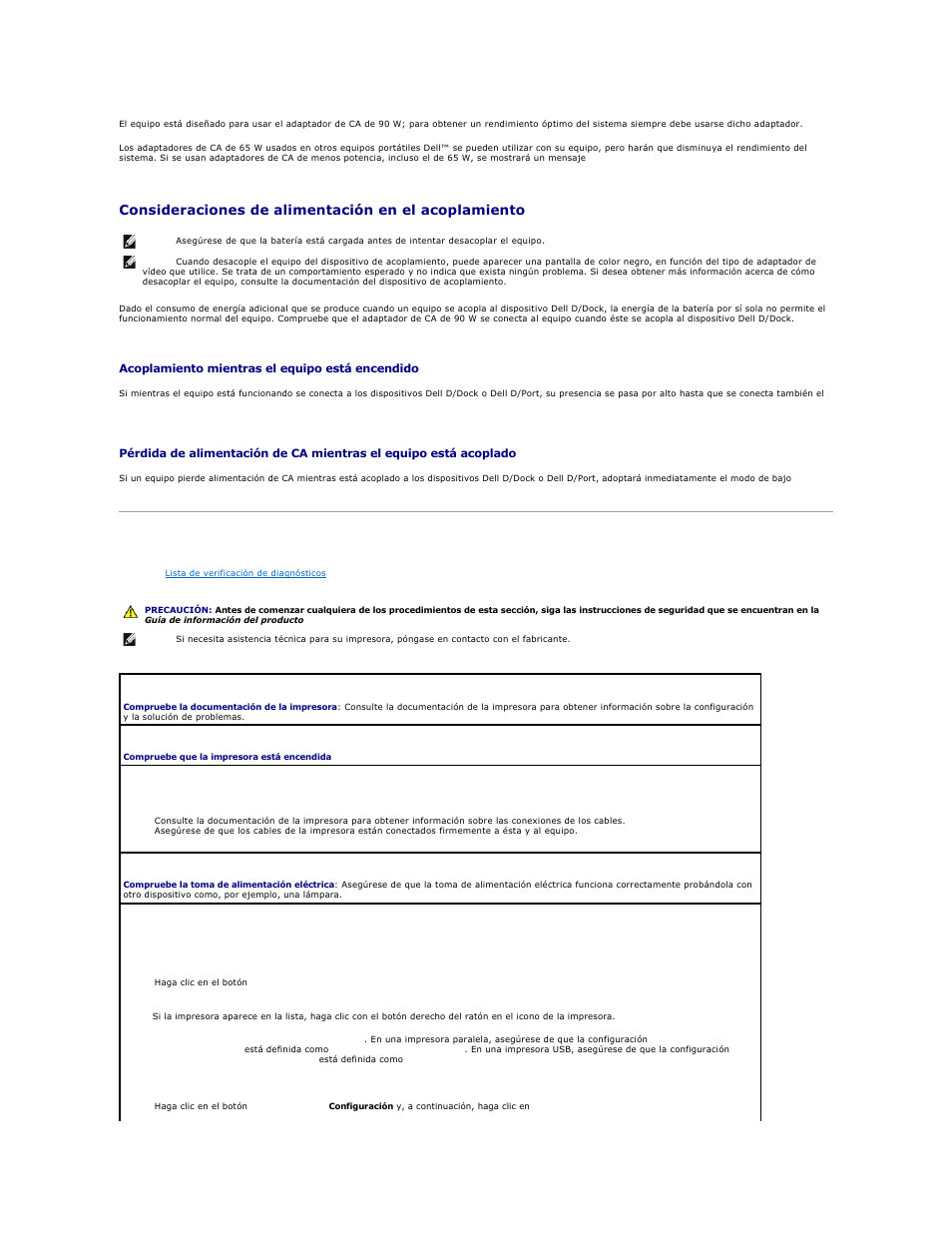 Problemas con la impresora, Consideraciones de alimentación en el acoplamiento | Dell Precision M20 User Manual | Page 105 / 123