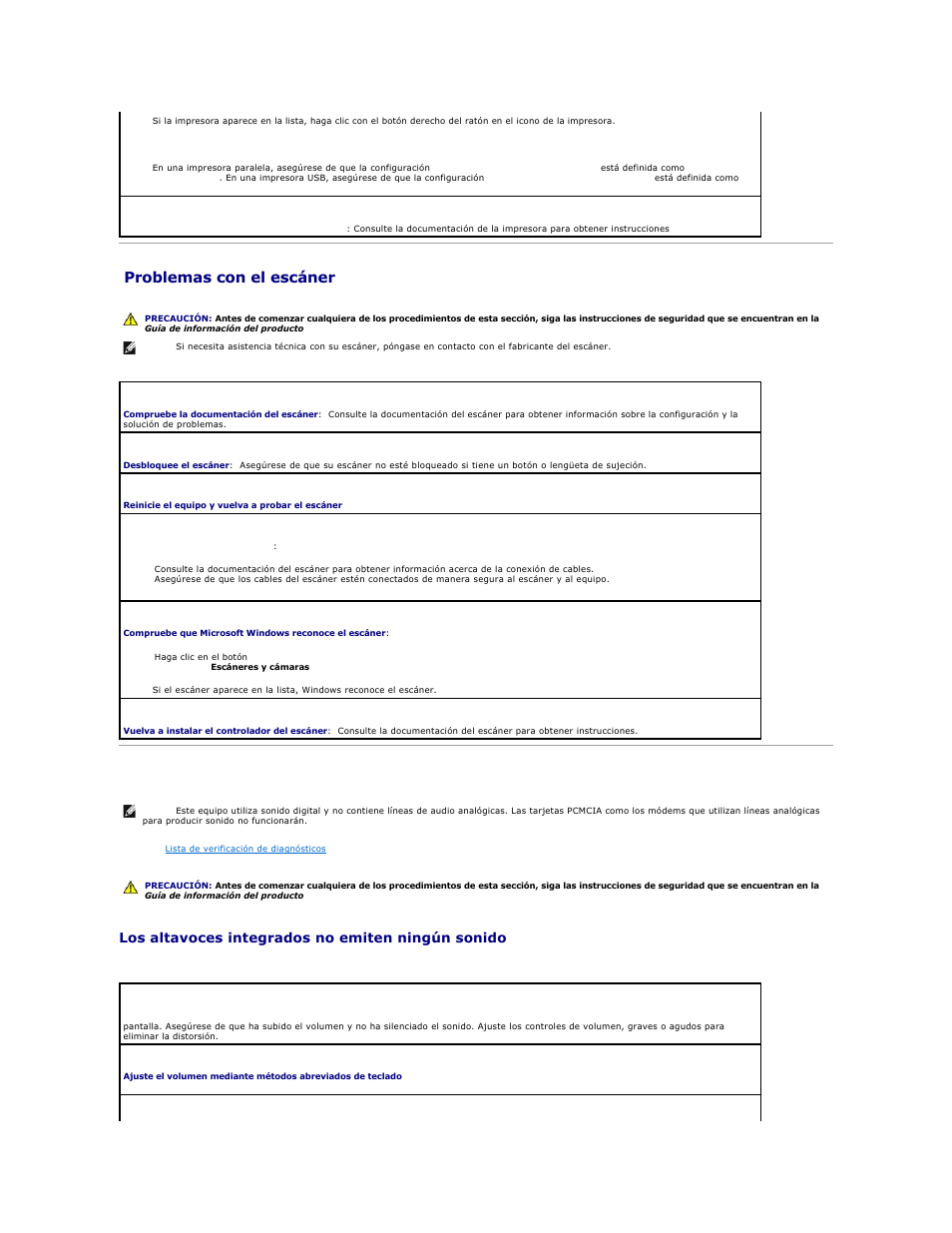 Problemas con el escáner, Problemas con el sonido y los altavoces, Los altavoces integrados no emiten ningún sonido | Dell Precision M20 User Manual | Page 106 / 123