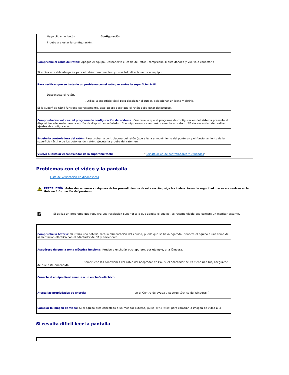 Problemas con el vídeo y la pantalla, Si la pantalla aparece en blanco, Si resulta difícil leer la pantalla | Dell Precision M20 User Manual | Page 108 / 123