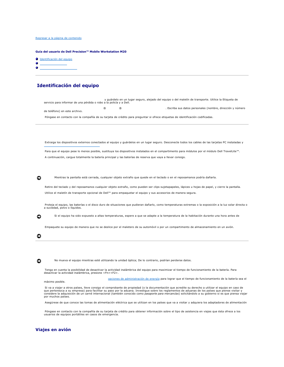 Viajes con el equipo, Identificación del equipo, Embalaje del equipo | Consejos para cuando viaje, Viajes en avión | Dell Precision M20 User Manual | Page 116 / 123