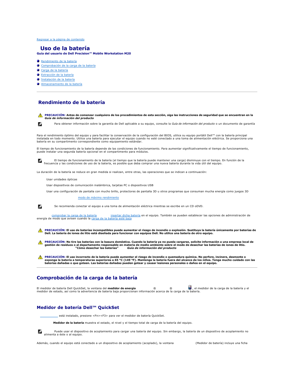 Uso de la batería, Rendimiento de la batería, Comprobación de la carga de la batería | Medidor de batería dell™ quickset | Dell Precision M20 User Manual | Page 12 / 123