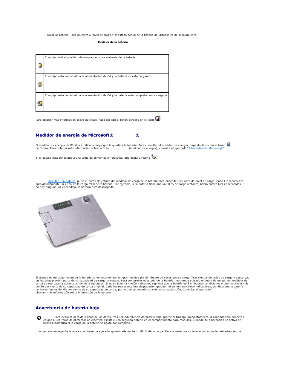 Carga de la batería esté baja, Medidor de energía de microsoft® windows, Medidor de carga | Medidor de estado, Advertencia de batería baja | Dell Precision M20 User Manual | Page 13 / 123