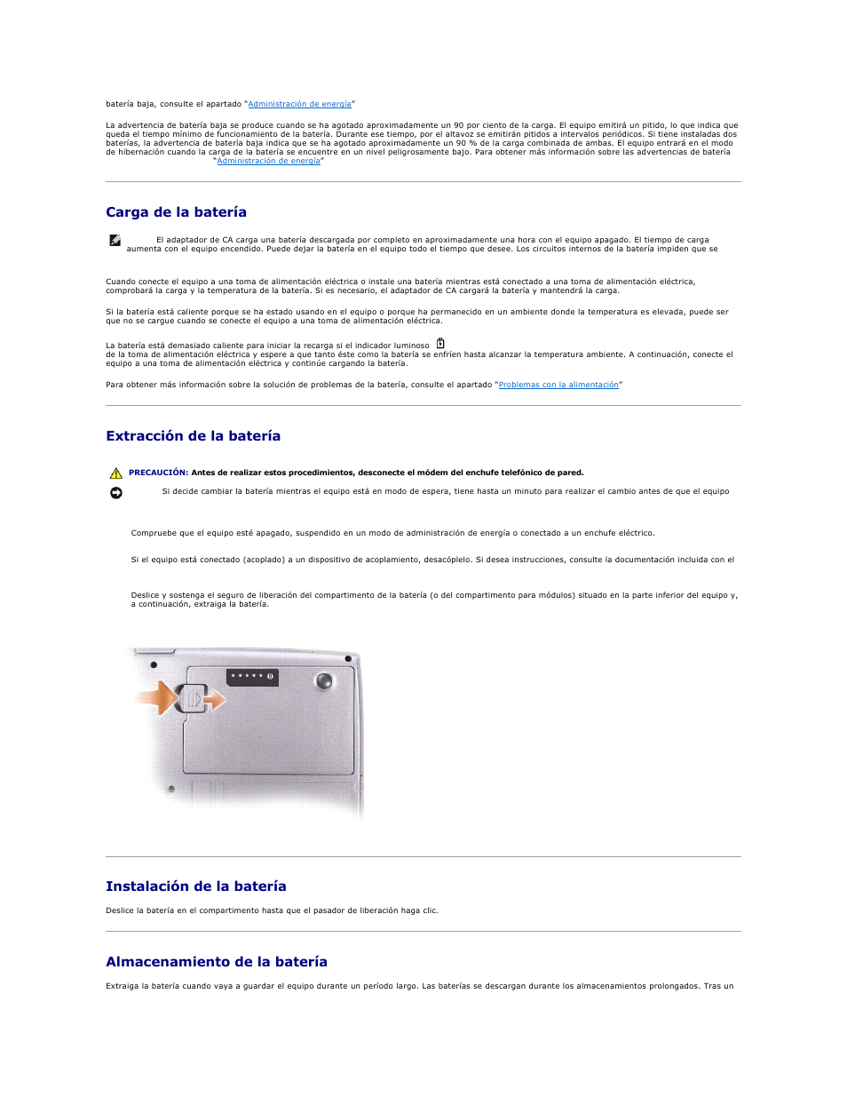 Carga de la batería, Extracción de la batería, Instalación de la batería | Almacenamiento de la batería, Insertar dicha batería | Dell Precision M20 User Manual | Page 14 / 123