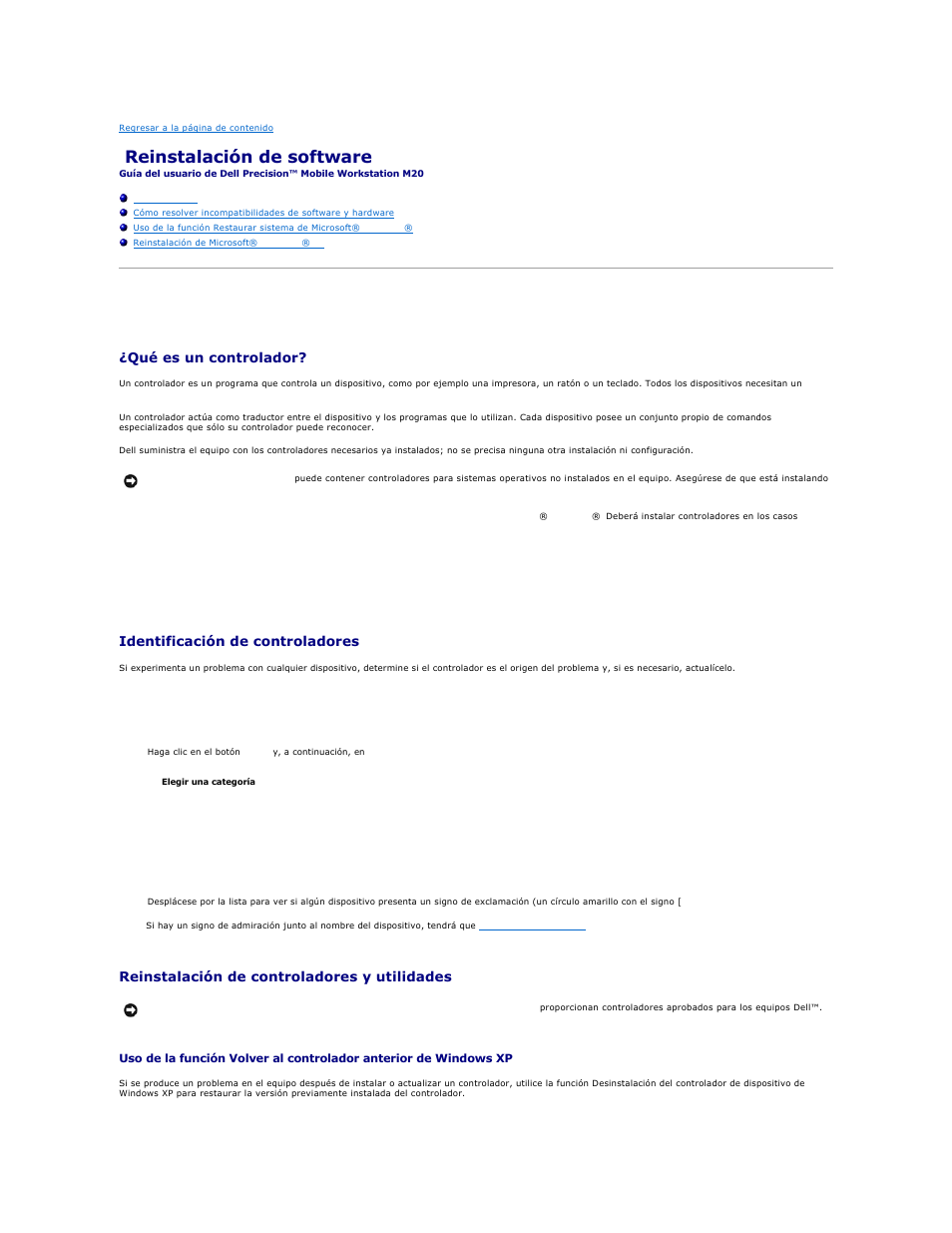 Reinstalación de software, Controladores, Qué es un controlador | Identificación de controladores, Reinstalación de controladores y utilidades | Dell Precision M20 User Manual | Page 33 / 123