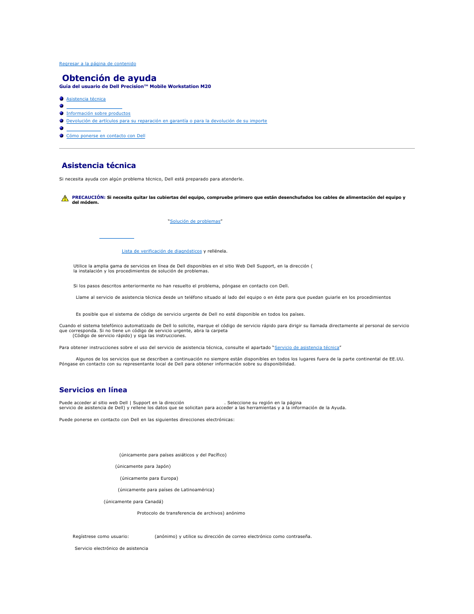 Obtención de ayuda, Asistencia técnica, Servicios en línea | Dell Precision M20 User Manual | Page 42 / 123