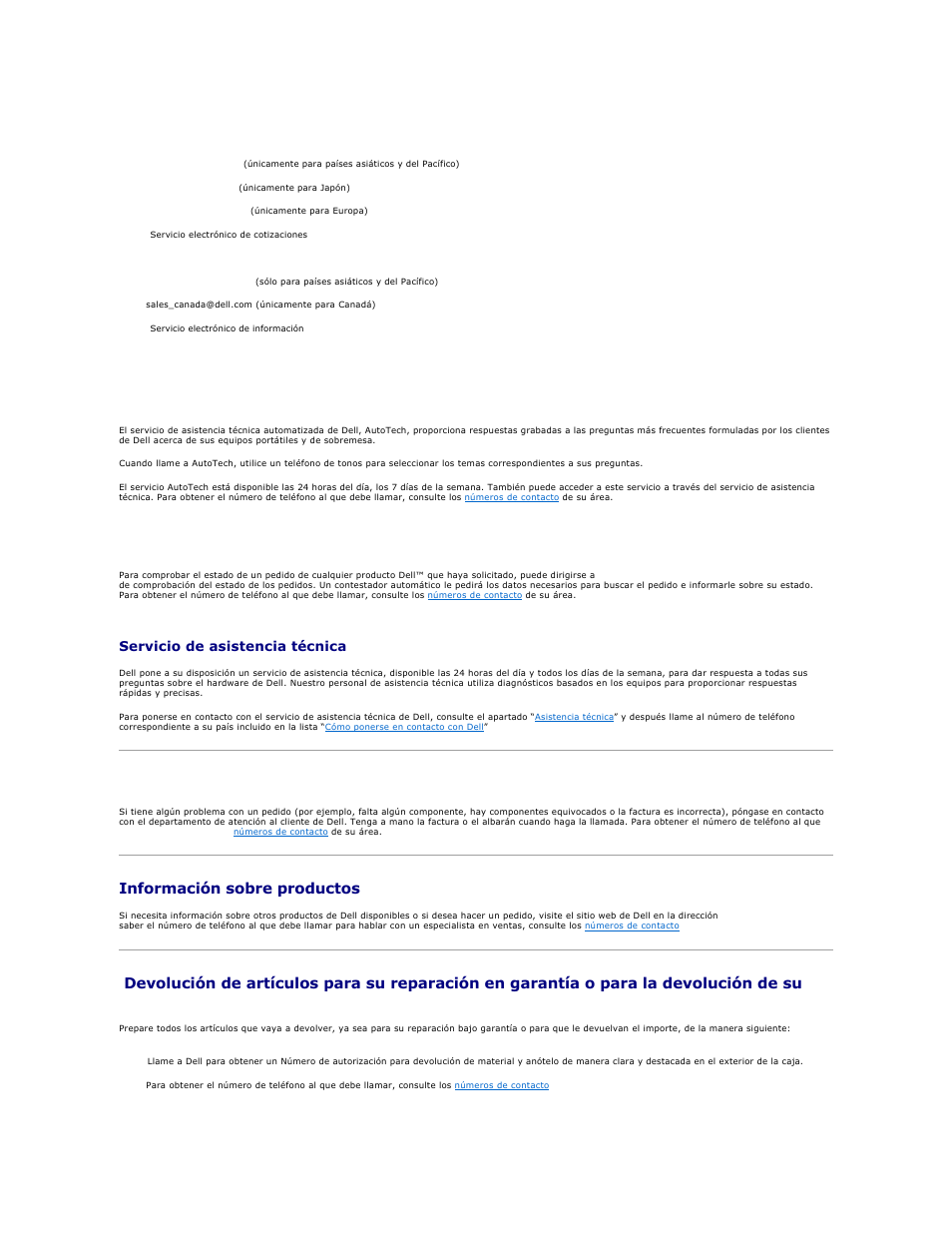 Problemas con su pedido, Información sobre productos, Servicio de asistencia técnica | Servicio autotech | Dell Precision M20 User Manual | Page 43 / 123