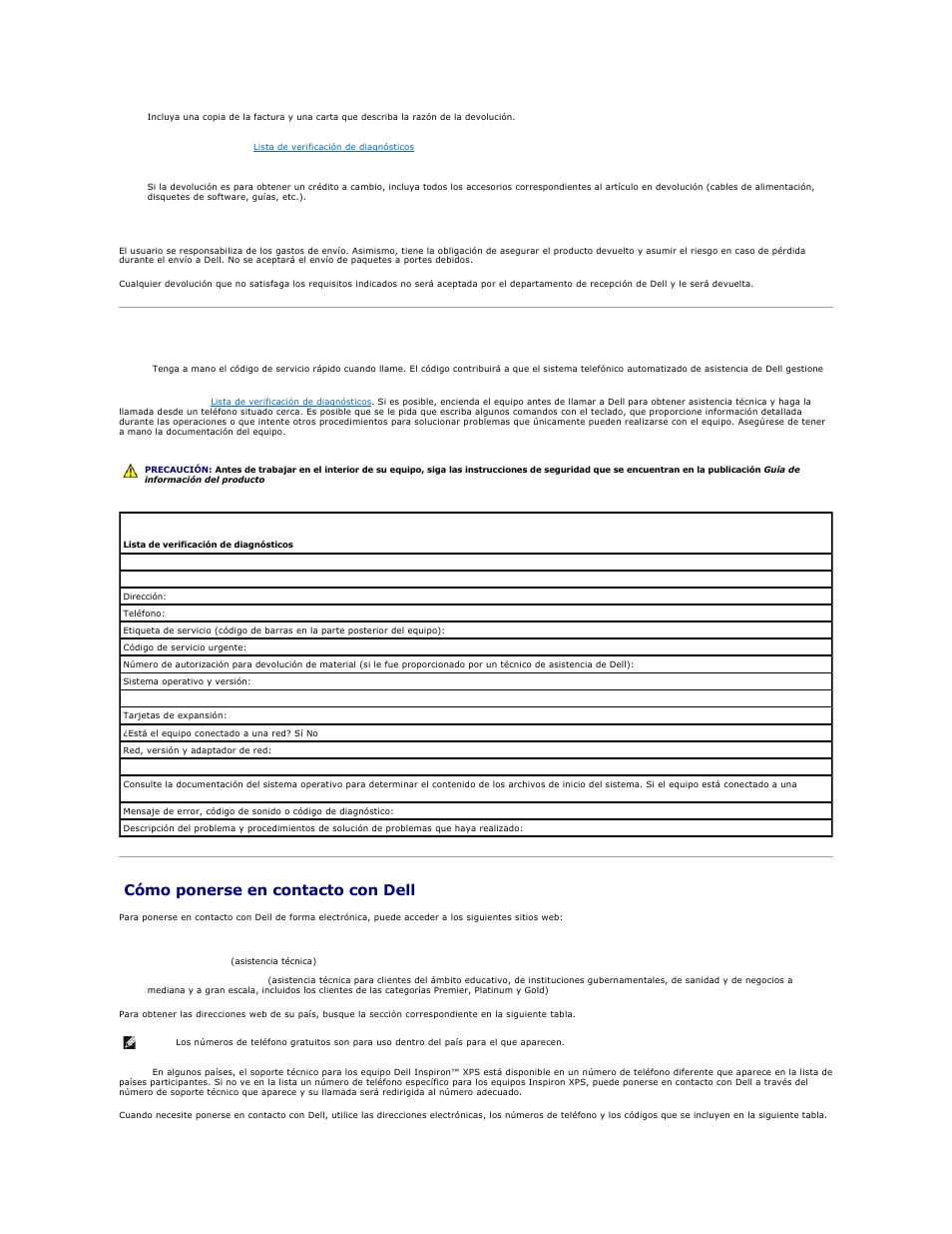 Antes de llamar, Cómo ponerse en contacto con dell, Haga una copia de la | Lista de verificación de diagnósticos, Números de contacto, Debe llamar, consulte los, De su área, De su zona | Dell Precision M20 User Manual | Page 44 / 123