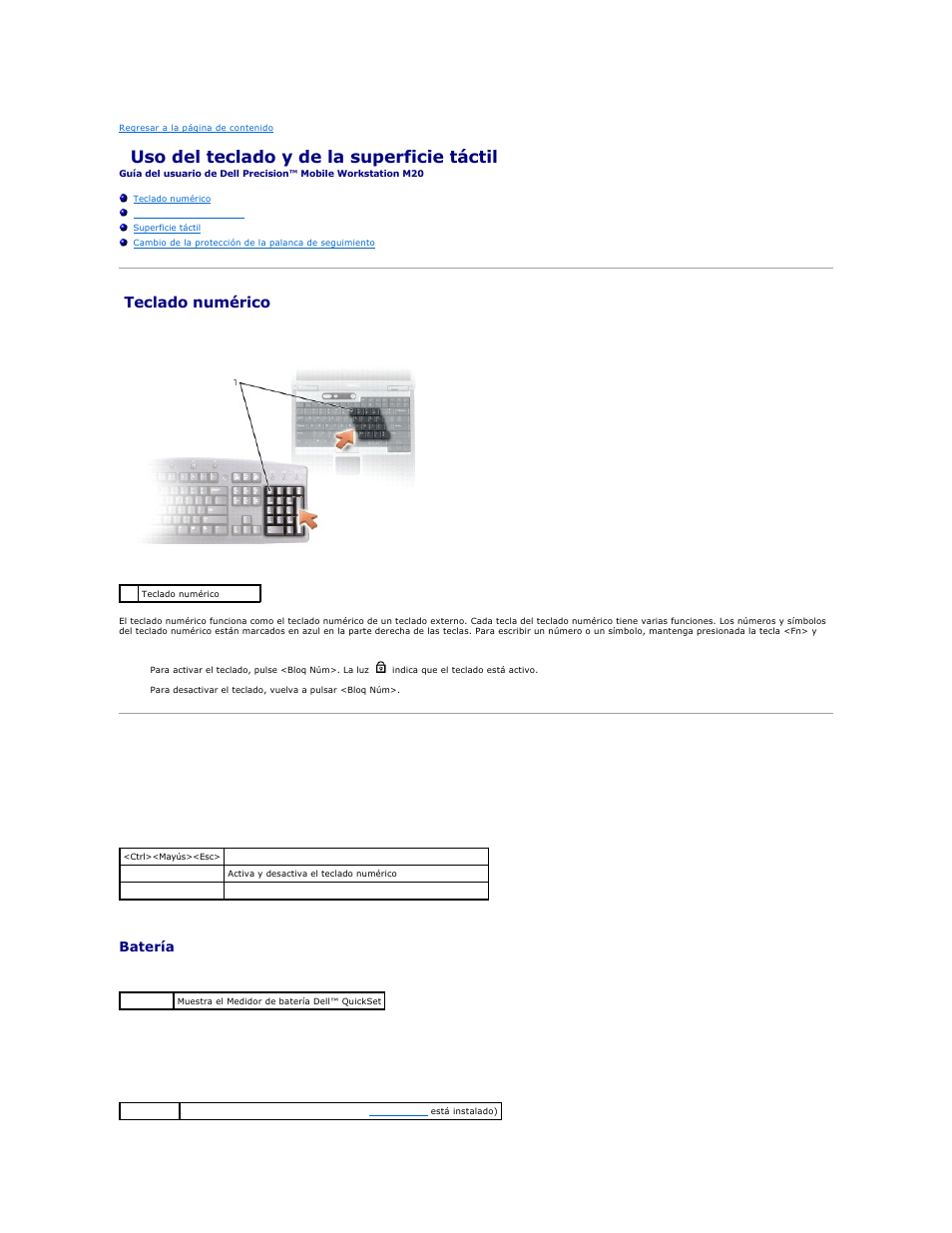 Uso del teclado y de la superficie táctil, Teclado numérico, Combinaciones de teclas | Funciones del sistema, Batería, Bandeja de cd o de dvd | Dell Precision M20 User Manual | Page 61 / 123