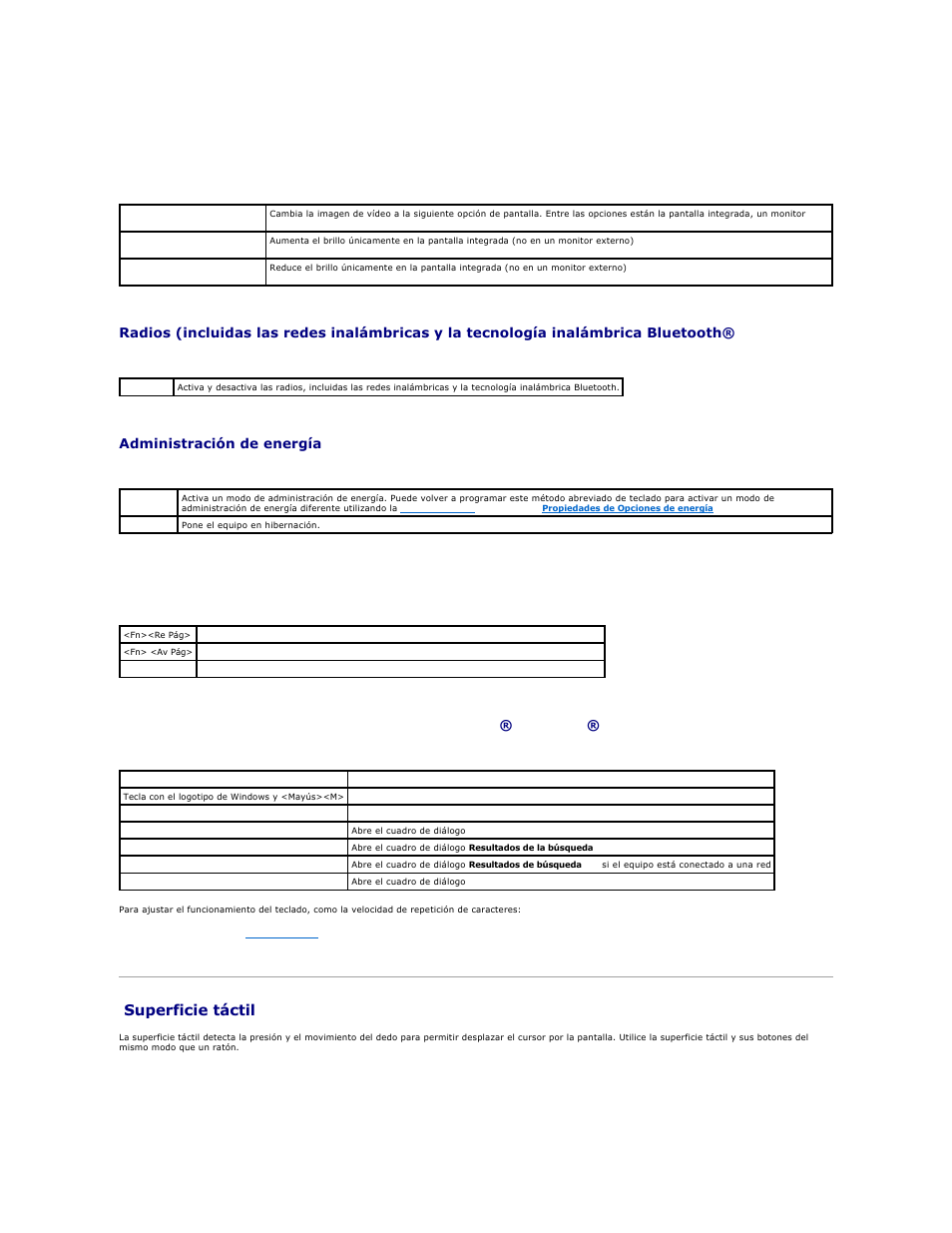 Superficie táctil, Funciones de la pantalla, Administración de energía | Funciones de los altavoces | Dell Precision M20 User Manual | Page 62 / 123