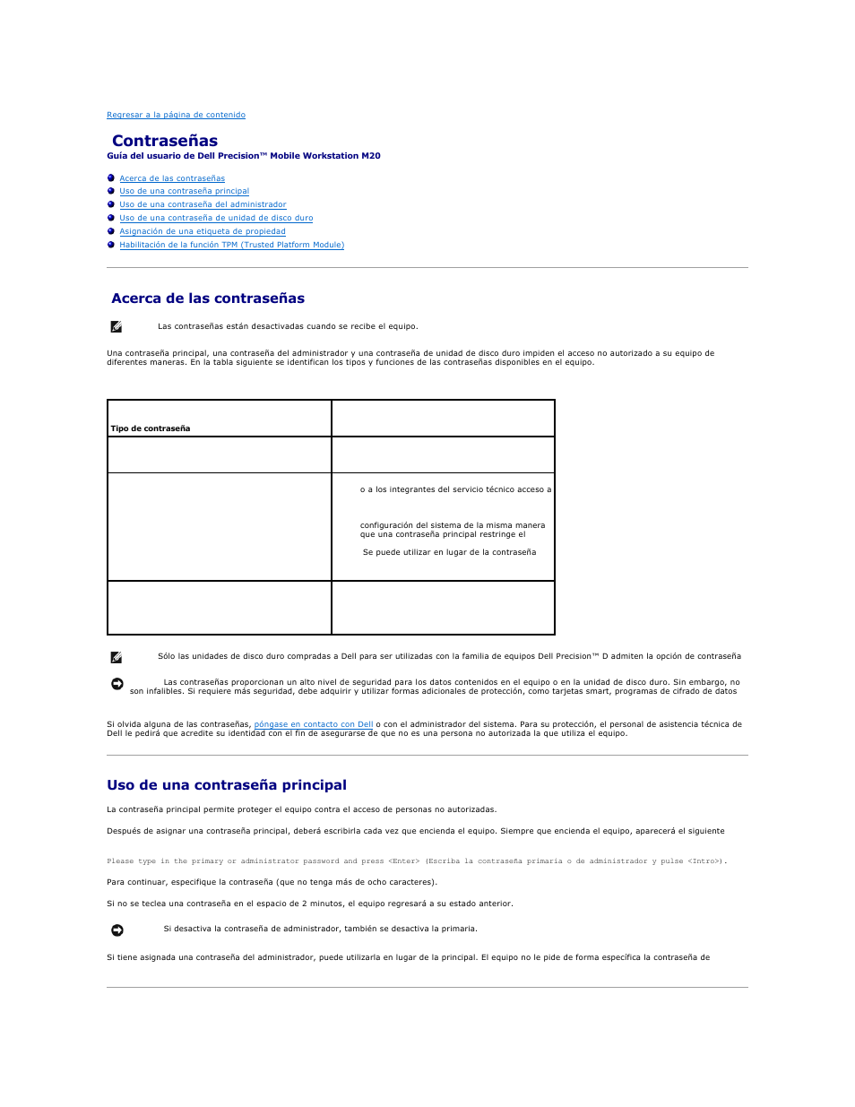 Contraseñas, Acerca de las contraseñas, Uso de una contraseña principal | Dell Precision M20 User Manual | Page 65 / 123