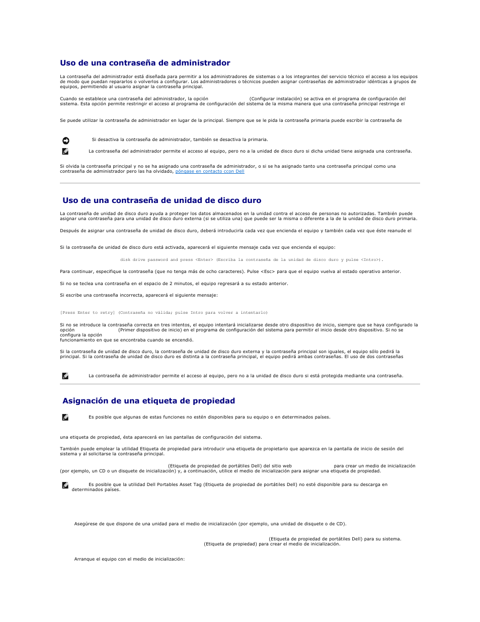 Uso de una contraseña del administrador, Uso de una contraseña de unidad de disco duro, Asignación de una etiqueta de propiedad | Uso de una contraseña de administrador | Dell Precision M20 User Manual | Page 66 / 123