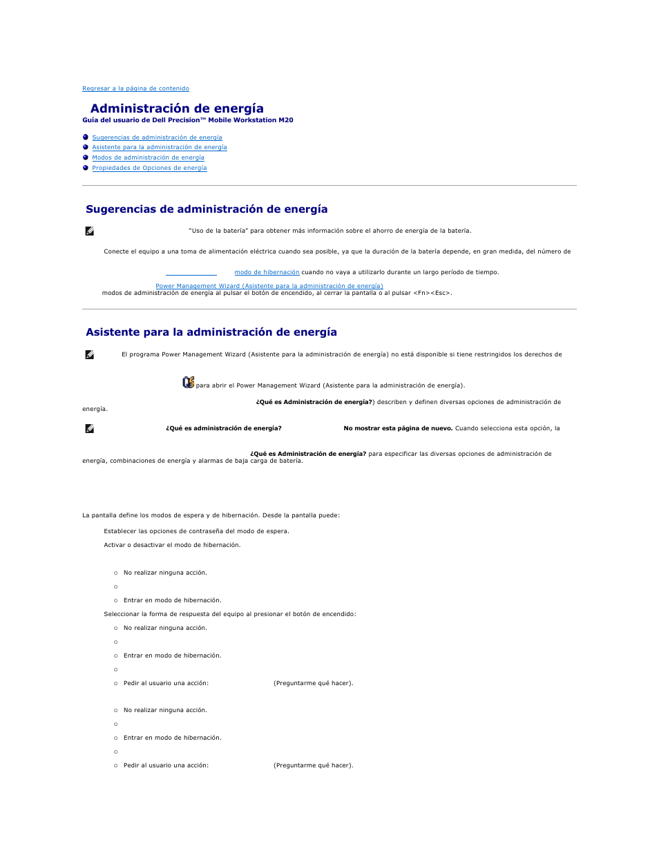 Administración de energía, Sugerencias de administración de energía, Asistente para la administración de energía | Establecimiento de los modos de espera | Dell Precision M20 User Manual | Page 72 / 123