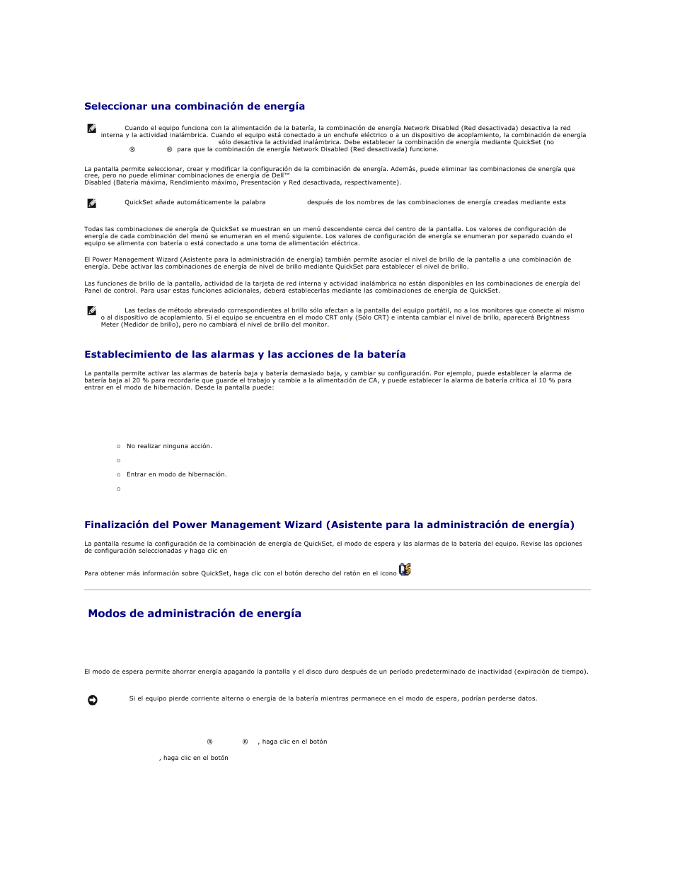 Modos de administración de energía, Ponga el equipo en, Modo de espera | O en, Seleccionar una combinación de energía | Dell Precision M20 User Manual | Page 73 / 123