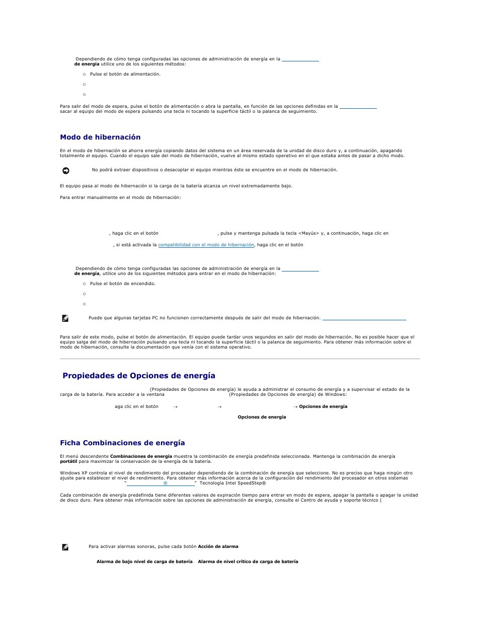 Propiedades de opciones de energía, Modo de hibernación, Ficha combinaciones de energía | Ficha alarmas | Dell Precision M20 User Manual | Page 74 / 123