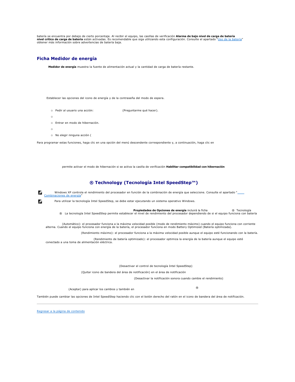 Ficha avanzadas, Compatibilidad con el modo de hibernación, Haga clic en el botón | Intel speedstep® technology, Ficha medidor de energía, Ficha opciones avanzadas, Ficha hibernar | Dell Precision M20 User Manual | Page 75 / 123