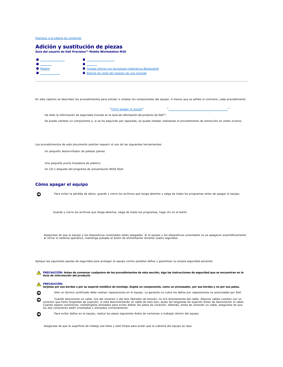 Adición y sustitución de piezas, Antes de empezar, Herramientas recomendadas | Cómo apagar el equipo, Antes de trabajar en el interior del equipo | Dell Precision M20 User Manual | Page 77 / 123