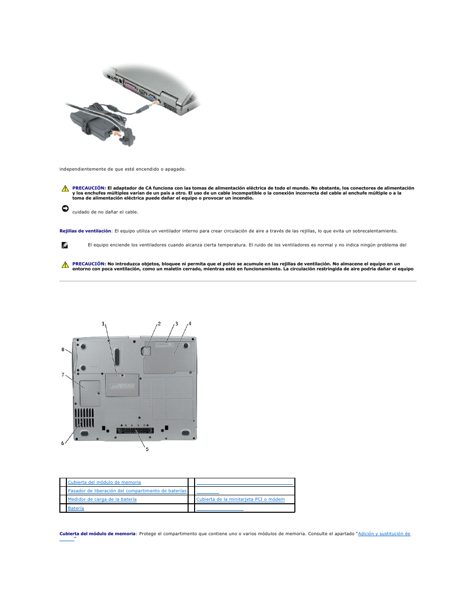 Vista inferior, Rejillas de ventilación | Dell Precision M20 User Manual | Page 8 / 123