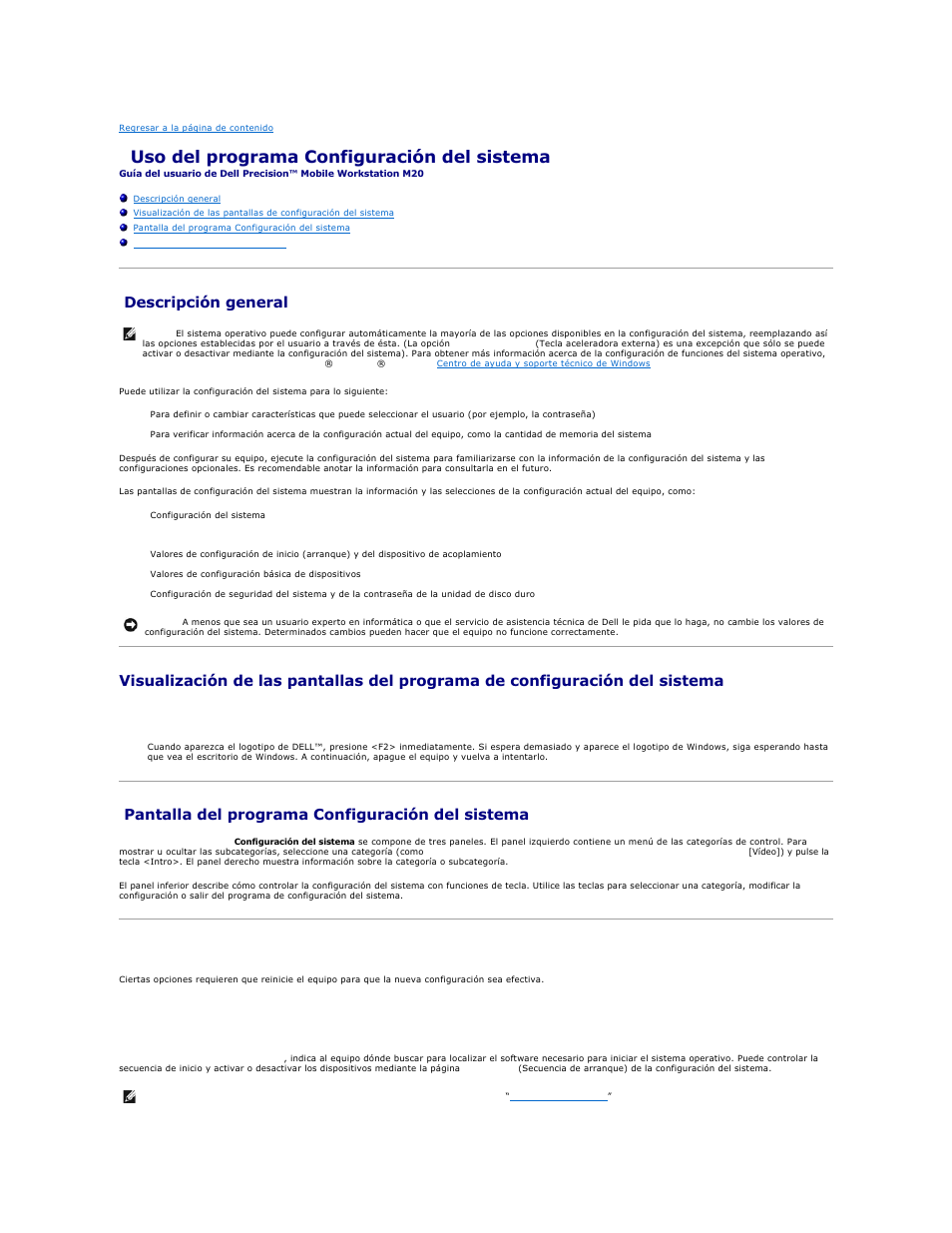 Uso del programa configuración del sistema, Descripción general, Pantalla del programa configuración del sistema | Opciones utilizadas con frecuencia, Cambio de la secuencia de arranque | Dell Precision M20 User Manual | Page 90 / 123