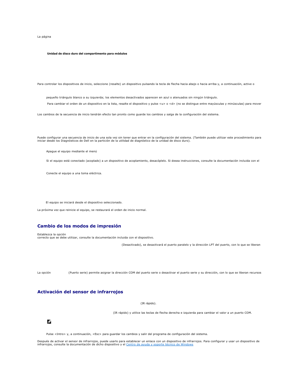 Inicio de una sola vez, Cambio de los modos de impresión, Cambio de los puertos com | Activación del sensor de infrarrojos | Dell Precision M20 User Manual | Page 91 / 123