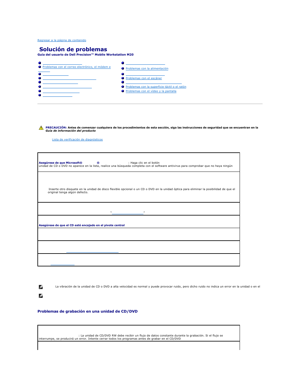 Solución de problemas, Problemas con unidades, Problemas con las unidades de cd y dvd | Dell Precision M20 User Manual | Page 95 / 123