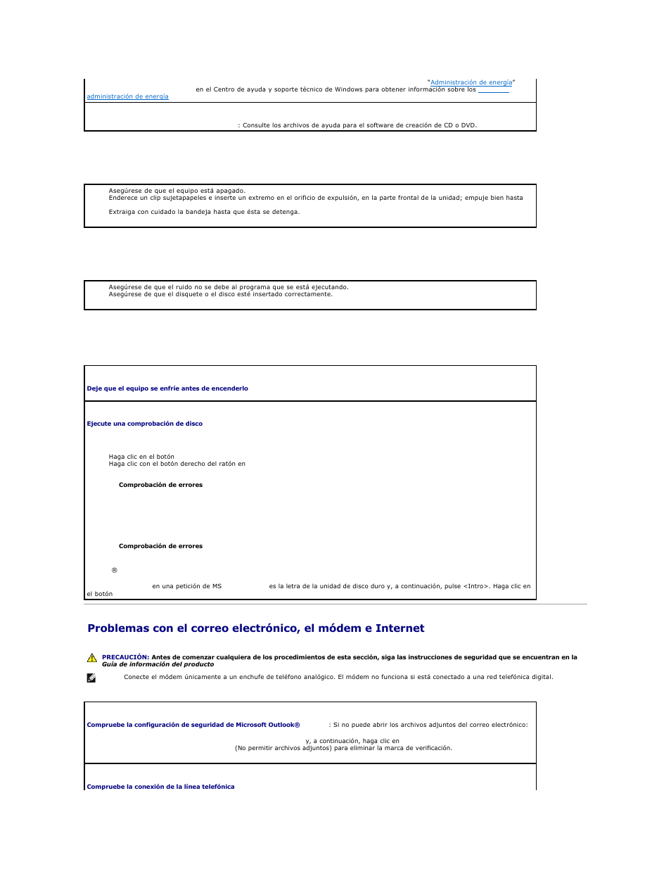 Problemas con el correo electrónico, el módem e, Internet, Problemas con la unidad de disco duro | Dell Precision M20 User Manual | Page 96 / 123