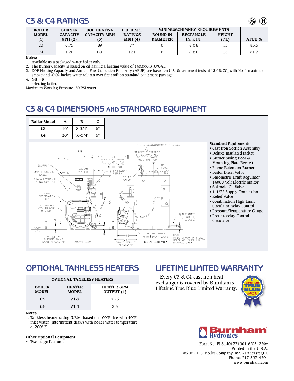 C3 & c4 ratings optional tankless heaters, C3 & c4 dimensions, Standard equipment | Lifetime limited warranty | Burnham C3 SERIES User Manual | Page 2 / 2