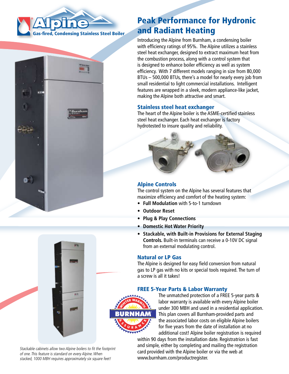 Alpine, Peak performance for hydronic and radiant heating, Burnham | Burnham Condensing Stainless Steel User Manual | Page 2 / 4