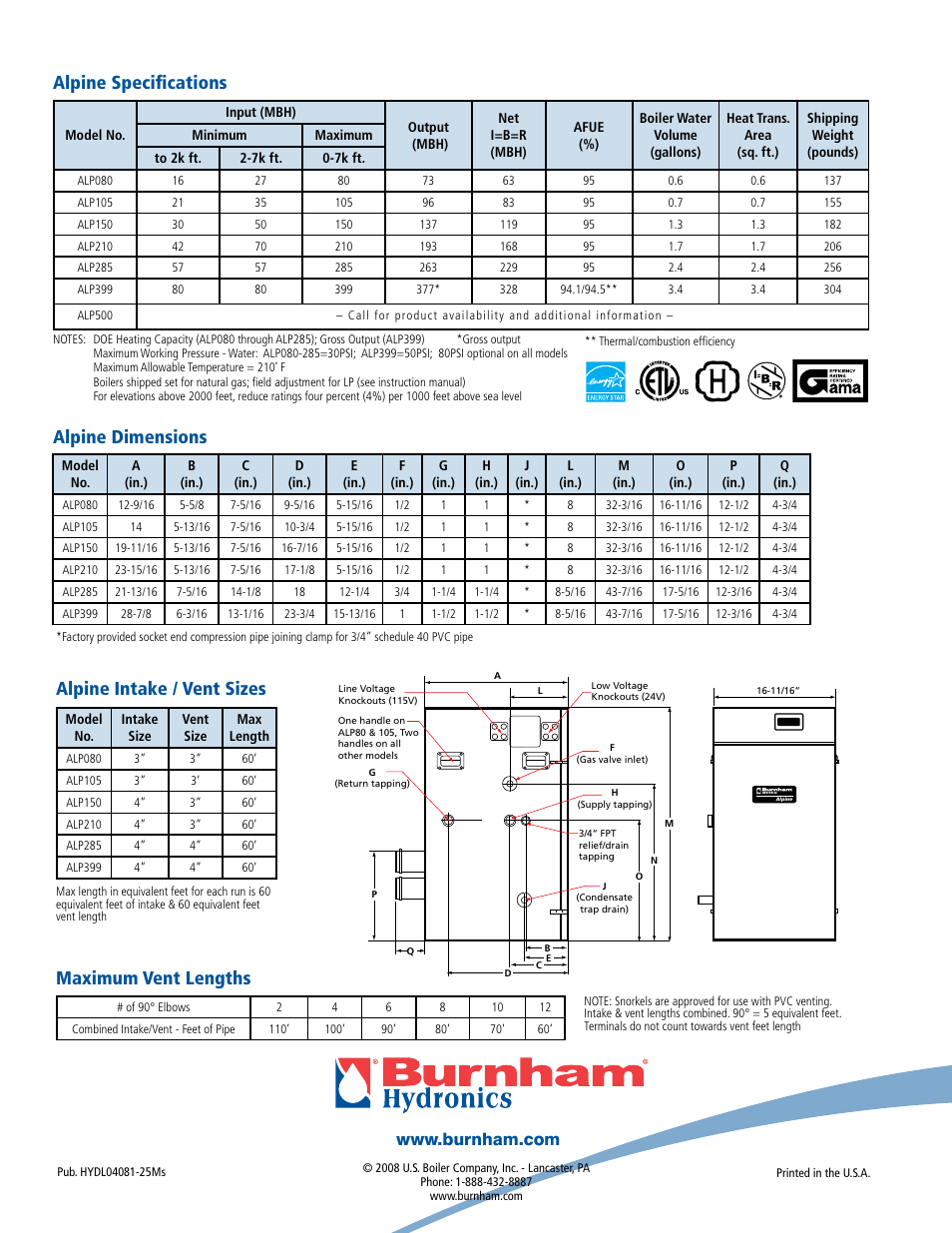 Alpine specifications alpine dimensions, Alpine intake / vent sizes, Maximum vent lengths | Burnham Condensing Stainless Steel User Manual | Page 4 / 4