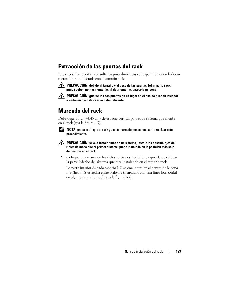 Extracción de las puertas del rack, Marcado del rack | Dell POWEREDGE M1000E User Manual | Page 125 / 144