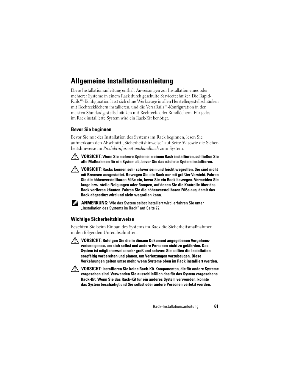 Allgemeine installationsanleitung, Bevor sie beginnen, Wichtige sicherheitshinweise | Dell POWEREDGE M1000E User Manual | Page 63 / 144