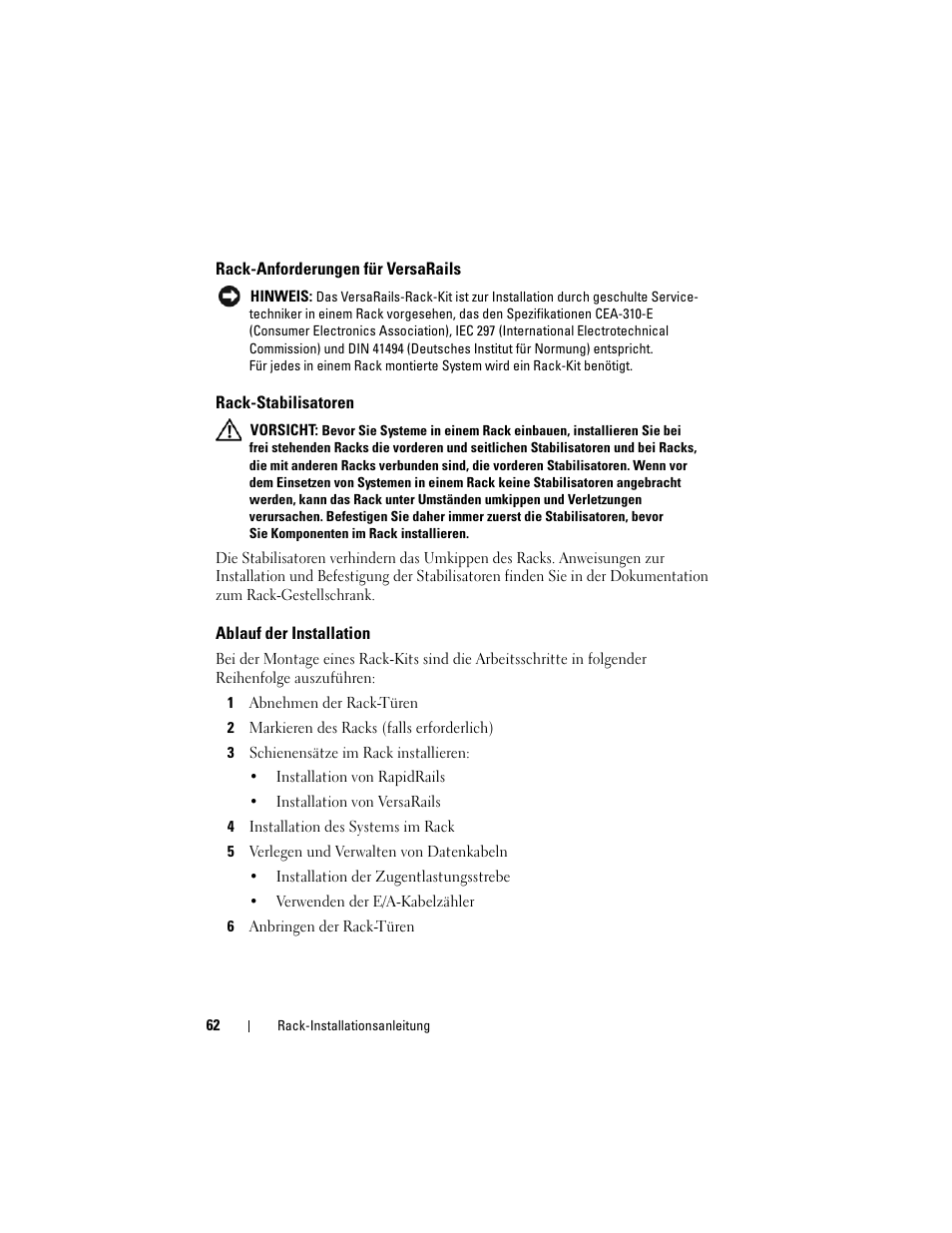 Rack-anforderungen für versarails, Rack-stabilisatoren, Ablauf der installation | Dell POWEREDGE M1000E User Manual | Page 64 / 144