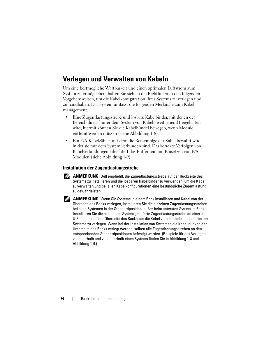 Verlegen und verwalten von kabeln, Installation der zugentlastungsstrebe | Dell POWEREDGE M1000E User Manual | Page 76 / 144