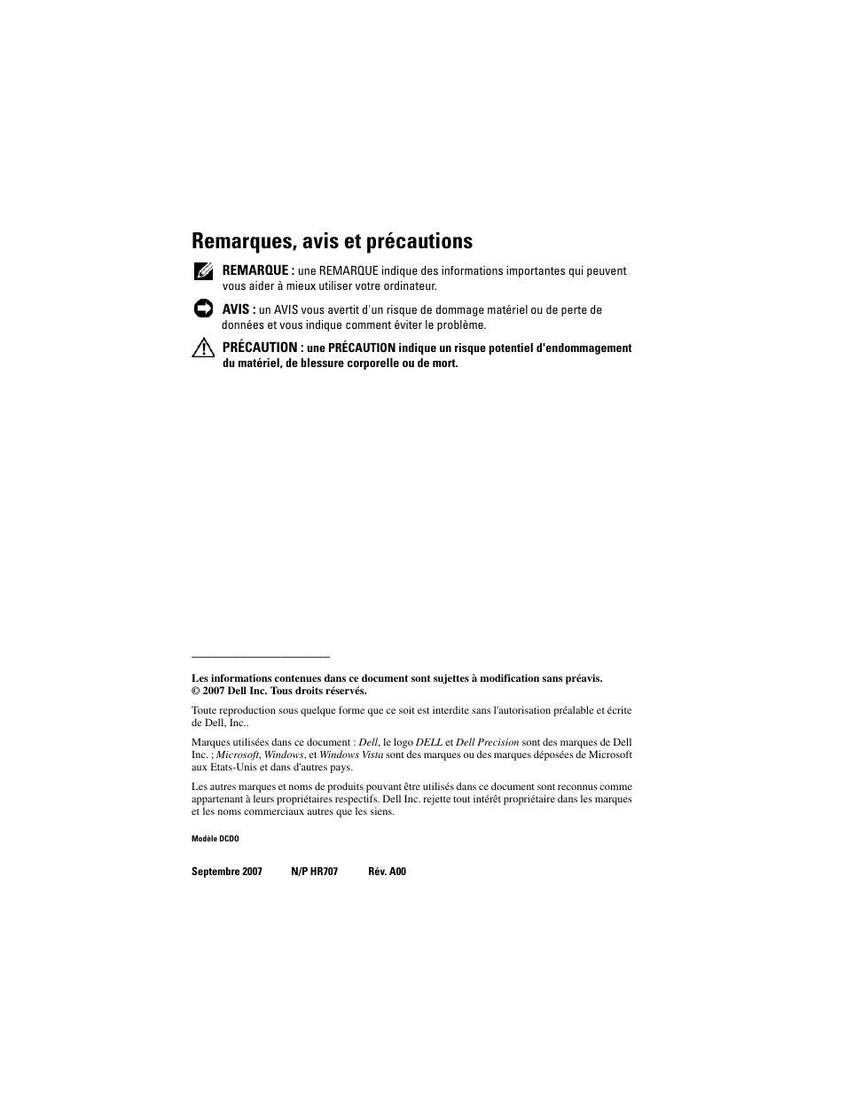 Remarques, avis et précautions | Dell Precision T7400 (Late 2007) User Manual | Page 122 / 380