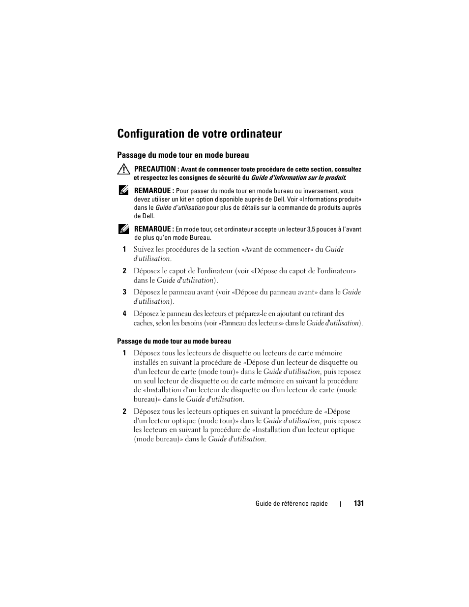 Configuration de votre ordinateur, Passage du mode tour en mode bureau | Dell Precision T7400 (Late 2007) User Manual | Page 131 / 380