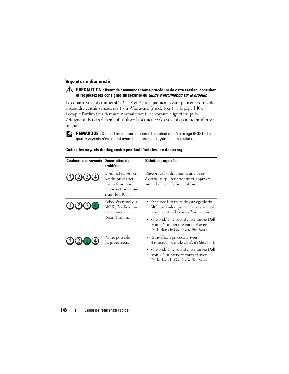 Voyants de diagnostic | Dell Precision T7400 (Late 2007) User Manual | Page 148 / 380